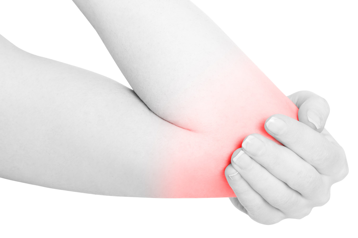 Woman hand holding painful elbow isolated on white, clipping path